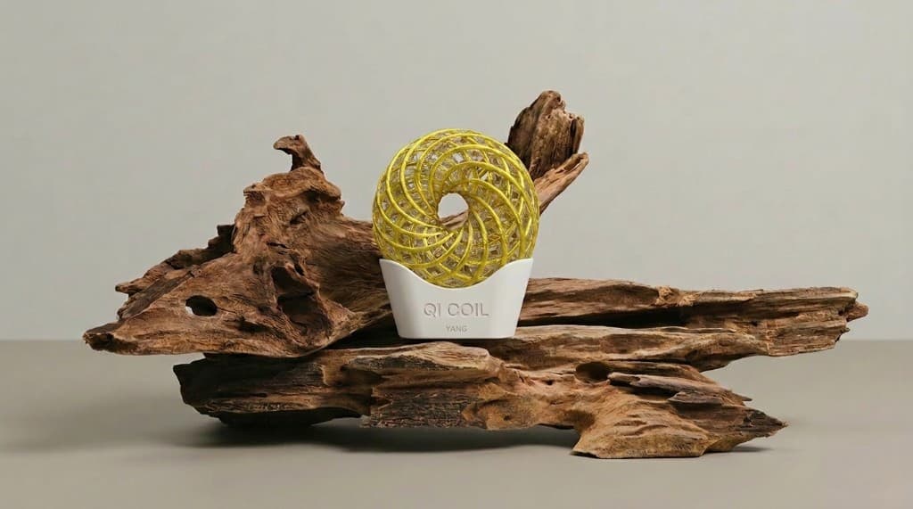 Qi Coil Yang, gold torus frequency device on driftwood